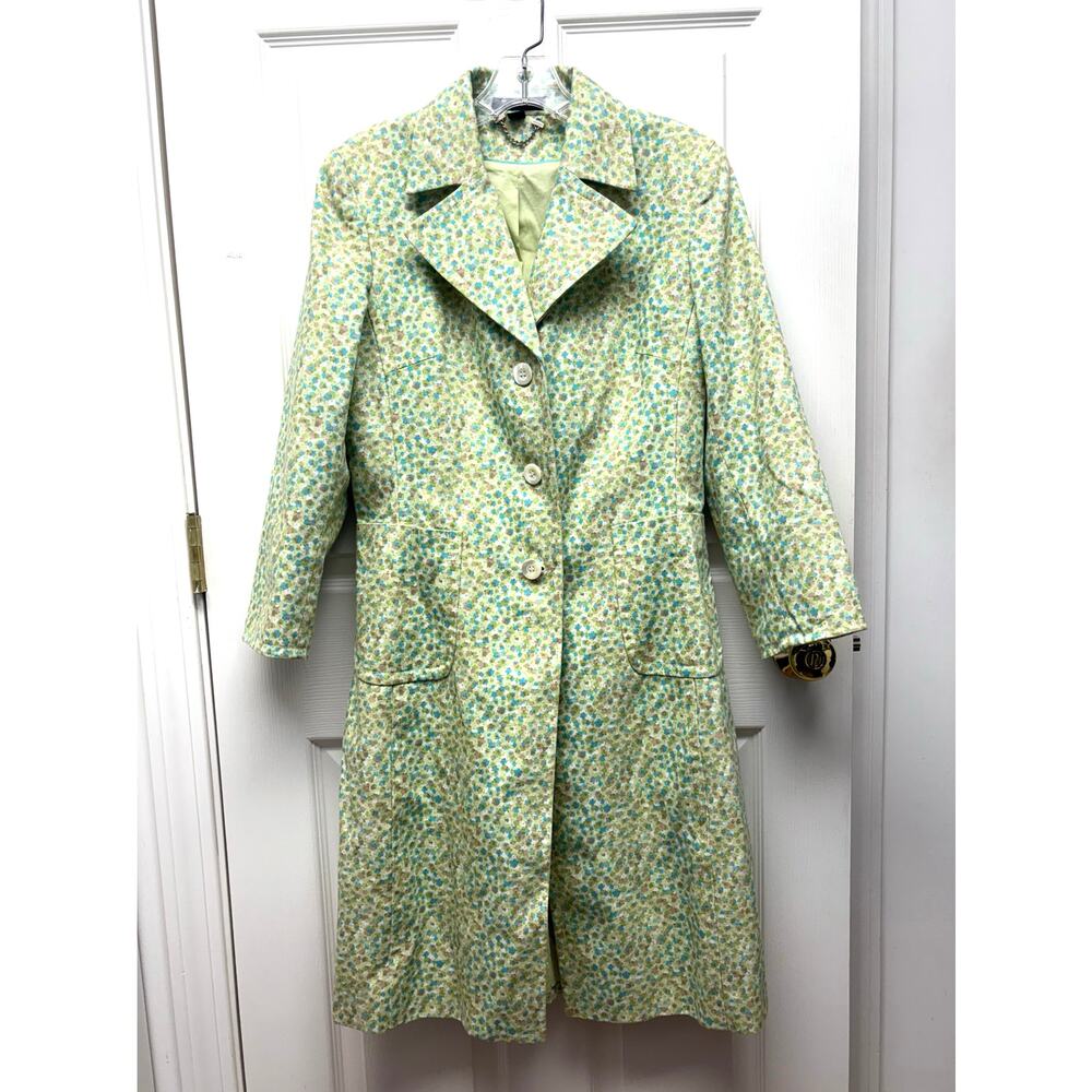 Express Jacket Floral Cotton Trench Coat Women’s M Green Blue Lined Spring Midi